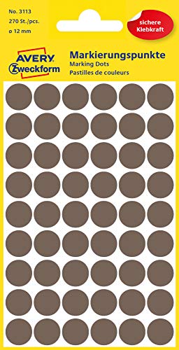 AVERY Zweckform 3113 selbstklebende Markierungspunkte (Ø 12 mm, 270 Klebepunkte auf 5 Bogen, Runde Aufkleber für Kalender, Planer und zum Basteln, Papier, matt) taupe