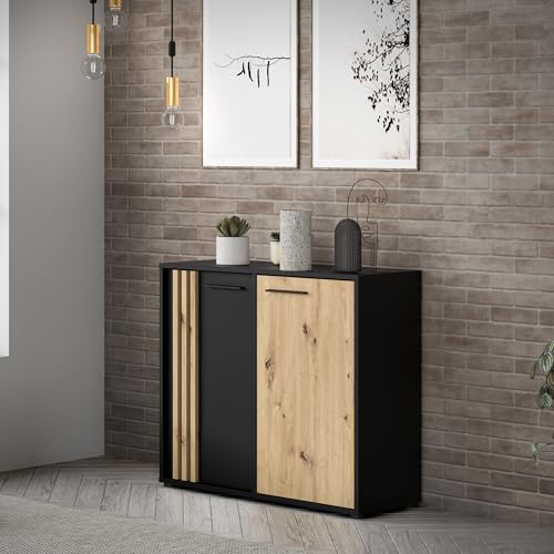 Forte Cardigan Kommode 100, Moderne Kommode, 2-türig mit Lamellendesign, Wohn-/Schlafzimmer, Artisan Eiche Holzdekor|Schwarz, 95,8 cm breit x 82,3 cm hoch x 34,3 cm tief