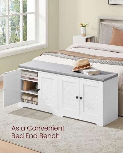 Image of VASAGLE Shoe Storage Bench with Cushion, 3-Tier Entryway Bench with Padded Seat, Doors, Adjustable Shelves, 14 x 47.6 x 20.7 Inches, for Hallway, Bedroom, Cloud White and Dove Gray ULSB048WB01
