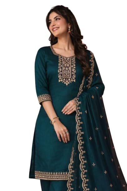 Lee Women's Rayon Slub Straight fit Embroidered Kurta with Pant & Dupatta | 3 piece kurti Set for women | Daily Office & Festive Traditional | Salwar Suit Set in neutral