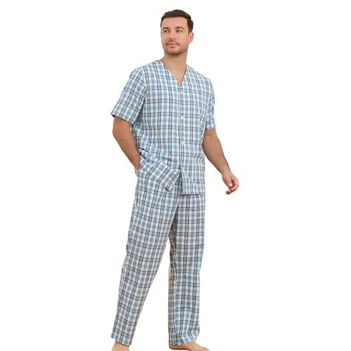 Vulcanodon 100% Cotton Mens Pajamas Set, Lightweight Button Up Mens Sleepwear, Short Sleeve V-Neck and Long Pants Pjs Set with Pockets(Aqua-blue Plaid,L)