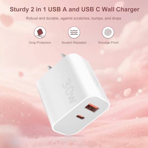 Image of Aolcev for iPhone Charger Fast Charging 2 in 1 USB A USB C Charger Block 30W Cute Type C Fast Charging Blocks for iPhone 17 16 15 14 13 for iPad USB C Charging Adapter for Galaxy S26 S25 S24 White