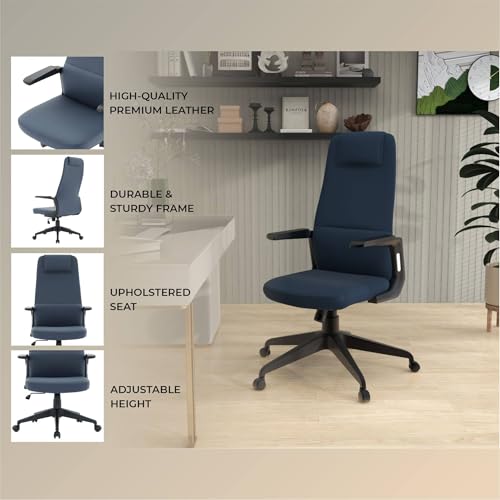 Image of LeisureMod Ergonomic High-Back Leather Office Chair - Blue Swivel Desk Chair with Adjustable Height, Tilt, Padded Headrest & Double Wheel Casters, Comfortable for Home or Office