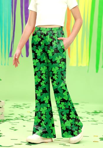 Girls St.Patrick's Irish Clover Print Legging Lucky Shamrock Flared Pants with Pockets 5-14 Years2