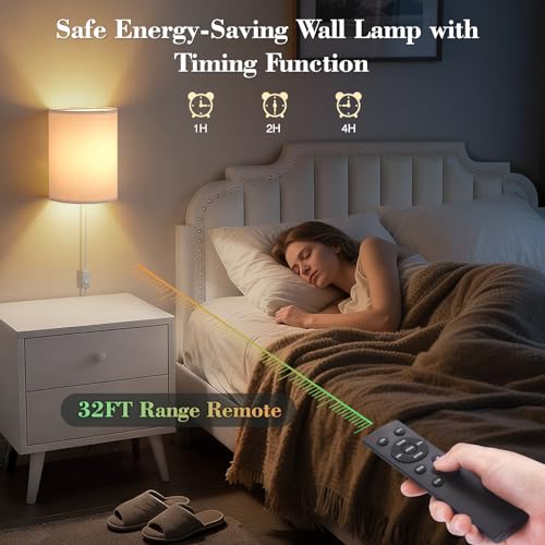Image of Plug in Wall Sconces Set of Two: Wall Lights with 7 RGB Colors - 3 Color Temperature Wall Mount Lamps with Remote - Fabric Linen Wall Sconc for Bedroom Living Room & Hallway- Indoor Corded Wall Sconce