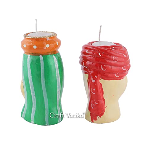 Handmade Marwari Couple Pair Tea Light Holder Wax Candle Stand For Diwali Navratri Christmas New Year Decoration Items Paper Mache Handpainted Handicrafted Rajasthani Pair Candle Diya For Home Décor #TOP4