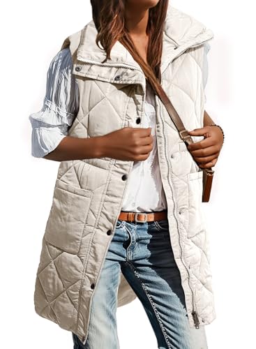 Dokotoo Long Gray Puffer Vest Women Warm Padded Gilet Casual Zip-Up Pocketed Sleeveless Outerwear Jacket Winter Coats for Women Quilted Vest 2025 Fashion Medium