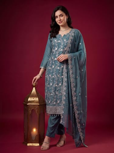 Image of INDO ERA Women's Silk Blend Straight Kurta with Pant & Dupatta Set