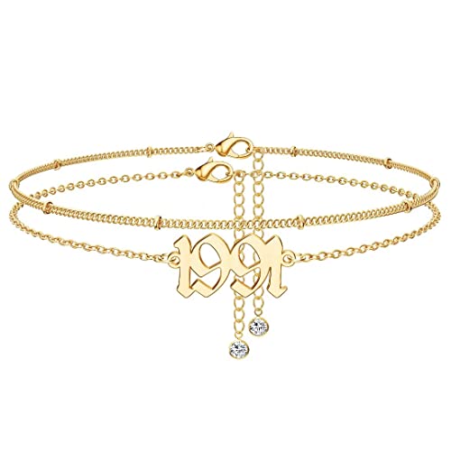 Number Ankle Bracelets for Women Girls, 14K Gold Plated Ankle Bracelet for Women Beach Foot Jewelry 1991 Birthday Gifts for Mom Daughter Granddaughter，Birth Year Dainty Anklet Anniversary Date Gifts