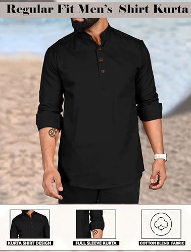 Image of ROYALSCOUT Men Cotton Blend Short Kurta with Mandarin Collar and Button Placket | Full Sleeve Regular Fit Ethnic Wear for Casual and Festive Use