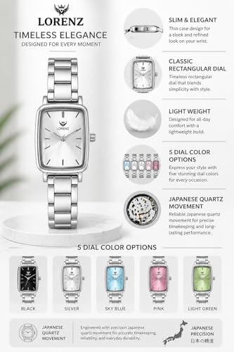 Image of LORENZ Women's Wrist Watch | Elegant Rectangular Silver Dial | Stainless Steel Strap | Slim Stylish Casual Formal Watch | Quartz Analog Watch for Women & Girls