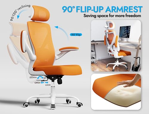 Image of Ergonomic Office Chair - Mesh Desk Chair with Adjustable Lumbar Support High Back Computer Gaming Chairs - Big and Tall Office Chairs Adults, Comfortable for Long Hours, Orange