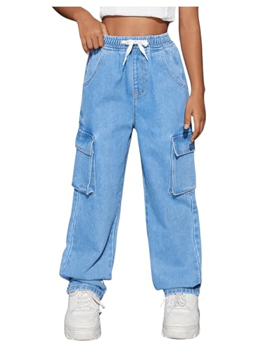 WDIRARA Girl's Elastic Waist Cargo Denim Pants Jeans with Pockets