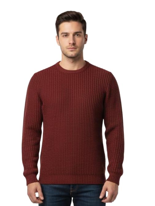 Classic Men's Ribbed Knit Crew Neck Sweater, Burgundy, Long Sleeve Pullover for Winter Casual Wear | Size: M-picture-48