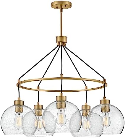 Lark Rumi Medium Single Tier Chandelier, Five Globe Lights Lacquered Brass and Clear Seedy Glass