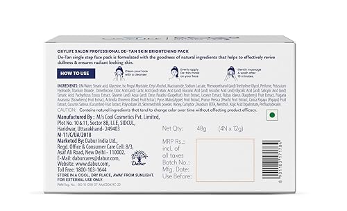 Image of Oxylife Salon Professional De-Tan Pack - 12g x 4 (48g) | 15-Min Tan Removal Cream | With Kojic Acid, Milk & Honey | Suitable for Men & Women | Dermatologically Tested | Sulphate & Paraben Free