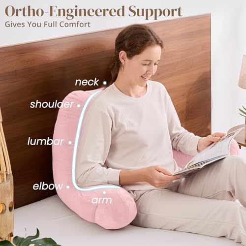 Image of Sasttie Reading Pillow for Bed, Back Pillow for Sitting Up, Pink | 21 inch Backrest Support Cushion for Couch, Sofa, and Floor, Dorm Essentials, OEKO-TEX, Adjustable Down Alternative Fill