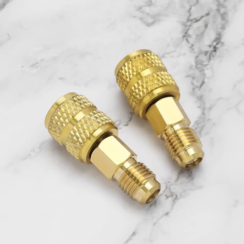 Adaptadores rectos de latón R410A Gold: 1/4" macho SAE a 5/16" hembra SAE, para sistemas de aire acondicionado mini split, 2 piezas miniatura 5