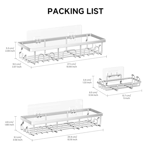Image of Shower Caddy, 3 Pack Shower Shelves for Inside Bathroom, Rustproof Adhesive Bathroom Organizer with Soap Holder, No Drilling Washroom Organizers and Storage for Tub Room /Kitchen /Home, Silver