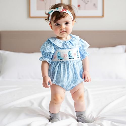 Kupretty Baby Girl Embroidery Smocked Romper Plaid Short Puff Sleeve Ruffle Collar Gingham Bubbles Playsuit Summer Clothes3