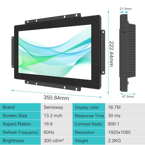 Image of 13.3-inch Industrial Touch Screen Monitor, 10-Point Capacitive Open Frame Design, Full HD 1920x1080, for Kiosk ATM Vending Machine (Embedded Mount, IP65 Waterproof Front)