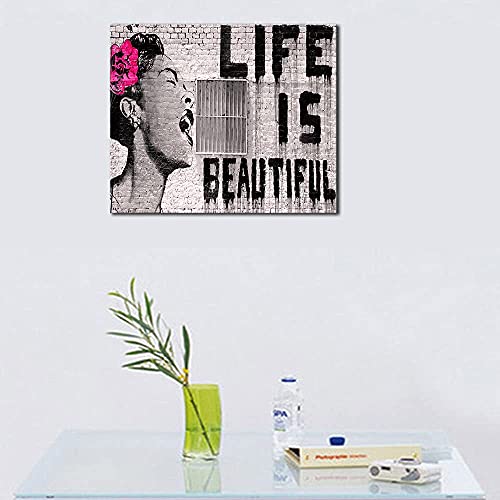 Wieco Art Abstract Giclee Canvas Prints Wall Art Ready To Hang For Kitchen Home Office Decor Banksy Life Is Beautiful Large Modern Stretched And Framed Grey Impressionist Pictures Paintings Artwork #TOP7