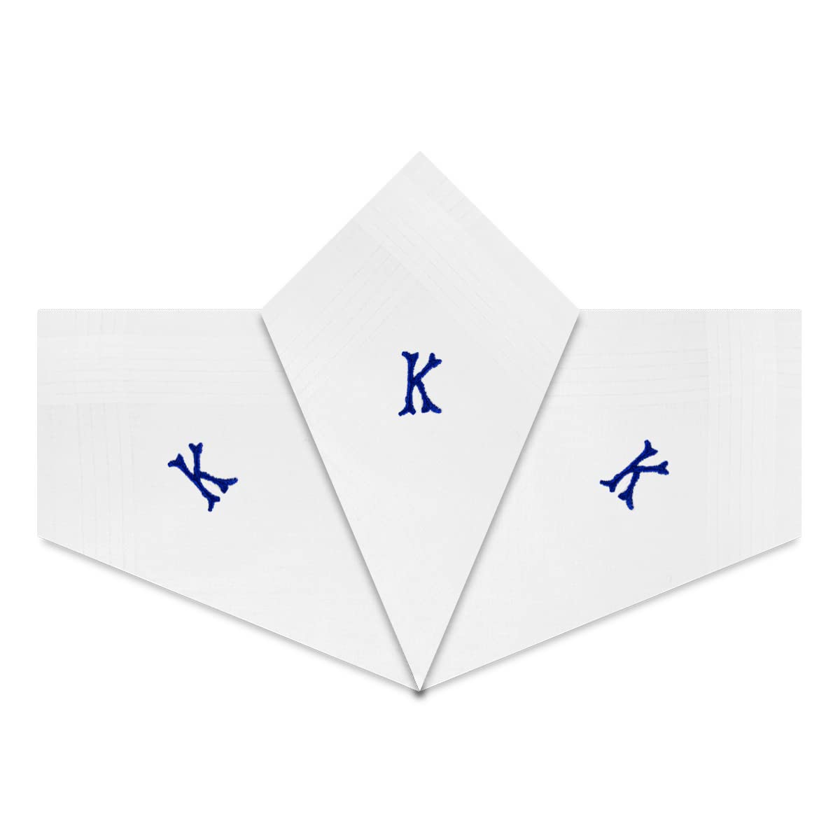 Warwick & Vance 3 Pack Of Mens/Gentlemens White Satin Bordered Handkerchiefs With Blue Embroidered Initials, Letter K
