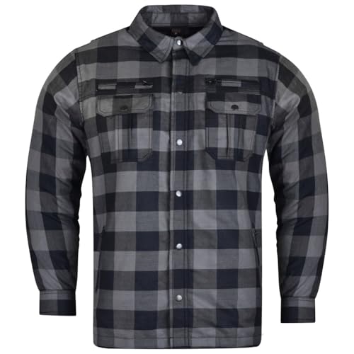 Mens Armored Checkered Flannel Biker Shirt Multiple Waterproof Storage Pockets CE Approved Armor Reinforced Water Resistant (Grey M)
