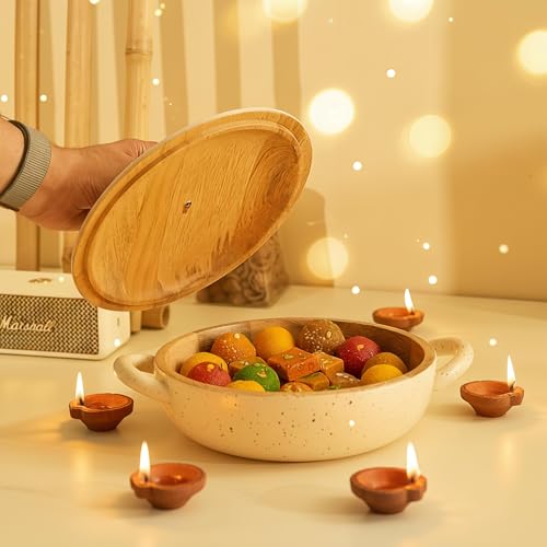 Image of Brick Brown Pebble Wooden Roti Box with Handle | Chapati Box for Kitchen | Roti Casserole Hot Pot with Lid | Case Roti Dabba Server for Dining Table | Handmade Roti Container (11.5x9x4.4 in)