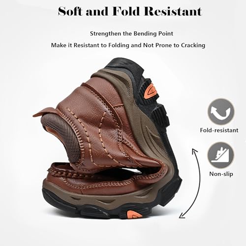 Men's Leather Hiking Shoes, Slip on Loafers Walking Boots, Waterproof Causal Sneakers, Work Walking Slippers, Easy Wear on/Off4