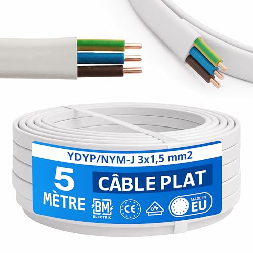 BM Electric Câble d'alimentation YDYp NYM 3 x 1,5 - Câble plat pour passage de fenêtre - Câble plat 3 x 1,5 pour installation électrique - 300/500 V