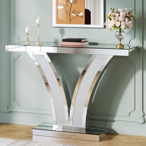 Tribesigns Mirrored Console Table Modern Sliver Entryway Sofa Table with Crystal Inlay Frames for Living Room Hallway Foyer