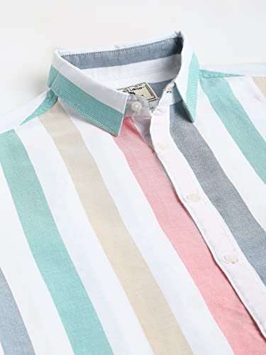 Image of Dennis Lingo Men's Striped Slim Fit Oxford Cotton Casual Shirt with Spread Collar & Full Sleeves