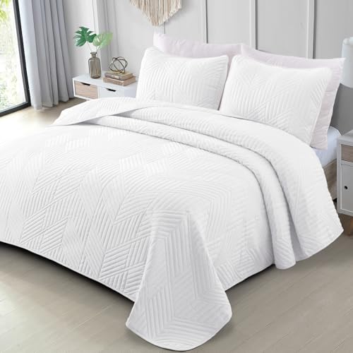 Exclusivo Mezcla Ultrasonic King Quilt Bedding Set, Lightweight White Bedspreads Soft Modern Geometric Coverlet Set for All Seasons (1 Quilt and 2 Pillow Shams)