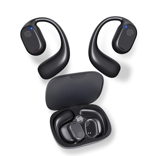 AmeFanie Open Ear Headphones, Bluetooth Wireless Headphones with Digital Display Charging Case 30 Hours Playtime True Wireless Open Ear Earbuds with Earhooks Sports Headphones for Running (black++)
