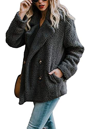 Shawhuwa Women Thicken Warm Winter Fleece Open Front Coat with Pockets Oversized Loose Long Sleeve Jacket Outwear Large Black