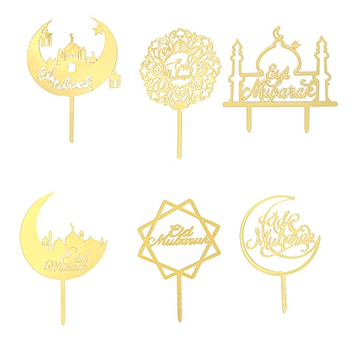 6 PCS Gold Eid Mubarak Cake Topper Ramadan Mubarak Cake Decoration Cake Toppers Ramadan EID Mubarak Cake Toppers for Birthday Party,Muslim Islam Eid Festival Decorations