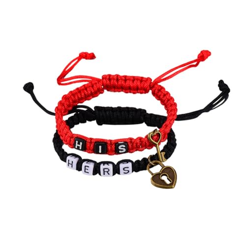 Image of AKOAK 2 Pcs HIS HERS Couple Braided Bracelet Padlock Key Pendant Hand Braided Lanyard Valentine's Day Gift Jewelry