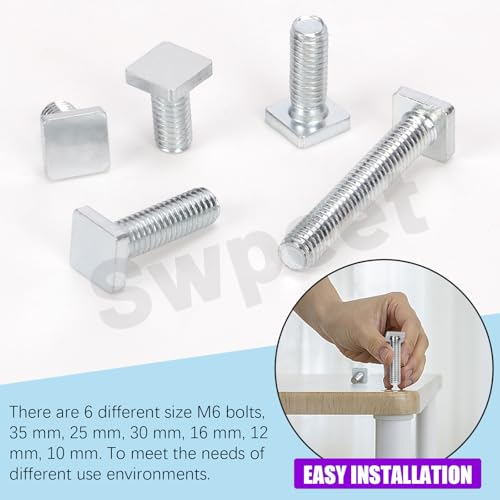 Image of Swpeet 90Pcs 6 Size M6x10 /12 /16 /20 /25 /35mm Galvanized Square Head Bolt and Hex Nuts Assortment Kit, Fully Thread Galvanized Square Head Screw, Square Machine Screws, Square Head T-Bolt