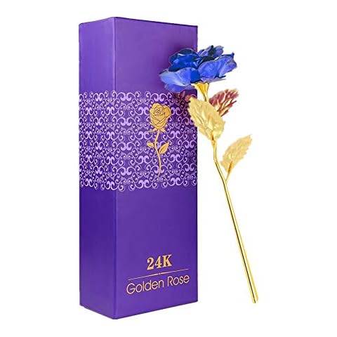 WeFoonLo Creative Artificial 24K Gold Rose Flower Plastic Long Stem Real Rose Dipped in Gold with Gift Box for Mother's Day, Valentine's Day, Birthday, Anniversary, Thanksgiving Day (Blue+Gold) Cover
