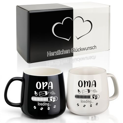 TUZELIYA Oma & Opa Kaffeetassen Set Geschenk für werdende Großeltern 350 ml Schwarz-Weiße Tassen für Schwangerschaft verkünden Baby Shower Geburtstag