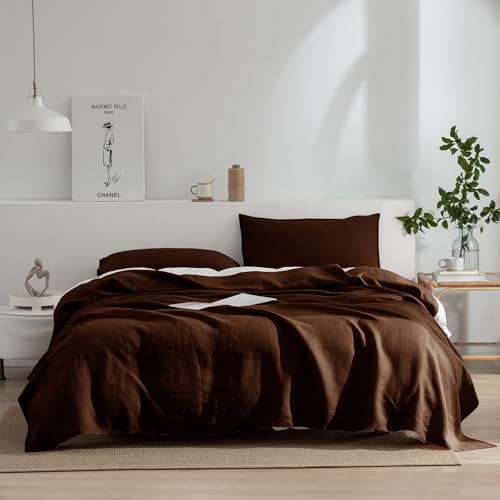 Image of EVERLY Linen Sheets Set Queen Size,100% French Stonewash Pure Linen Sheets Set,4Pieces (1Flat Sheet,1Fitted Sheet,2Pillowcase) Suitable for Hot Sleepers,Deep Pocket Natural Bedding Set-Chocolate