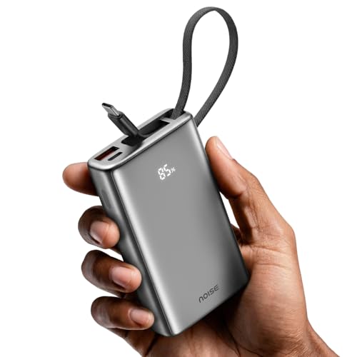 Image of Noise Power Bank 10000mAh: Built-in Type-C Cable, 22.5W Fast Charging, 120g Ultra-Compact, LED Display for Battery%, Premium Metallic Finish, Triple Device Charging, BIS Certified (Silver)