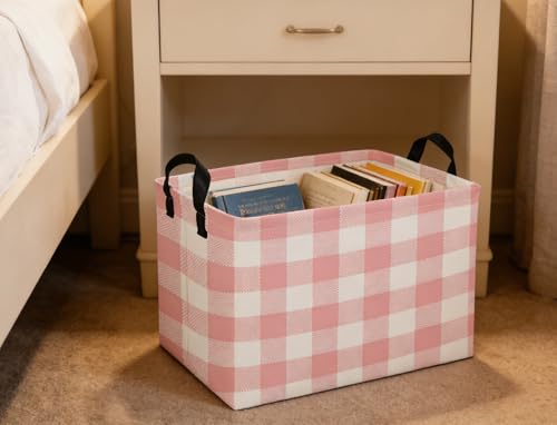 Image of Rectangular Kids Baskets Pink Basket Cute Storage Bins Organizer Box Boys Room Decor for Home.(Pink grid)