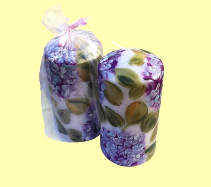 Pretty Decorative Unscented Dripless Romantic Large Tall Decorated White Pillar Flower Candle with Artist Hand Painted Lavender Hydrangeas and Silver Swirls Spring Summer Purple Floral Home Decor