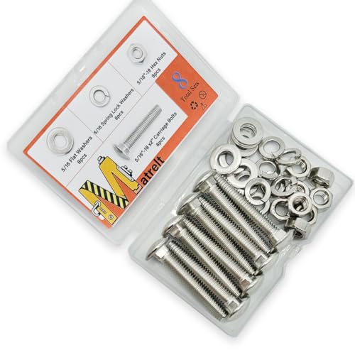 Image of 8 Sets 5 /16 inch-18 x2 Carriage Bolts Round Head Square Neck Screws with Hex Nuts Flat Washers Spring Lock Washers 304 Stainless Steel Full Thread Coverage Square Neck Bolts Assortment Kit