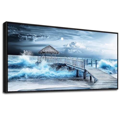 ERQINHUA Large Canvas Wall Art For Living Room Wall Decor For Bedroom Office DecorBlue Wave Landscape Painting Black Frame Artwork For Modern Stretched and Framed Beach Posters Home Decor 30"X60"