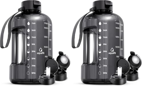 Image of AQUAFIT 64 oz Water Bottle with Time Marker - Straw & Chug Lid - BPA Free Half Gallon Gym Water Bottle with Handle - Big Gallon Jug (Gray, 64 Ounces) (Pack of 2)