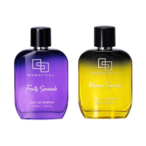 Image of Scentual Perfume Fruity Serenade & Mimosa Serenity EDP (Pack of 2) For Men & Women | Long Fragrance Duo with Cassis, May Rose & Mimosa | Modern Lifestyle Scents for All Occasions (100mlx2)
