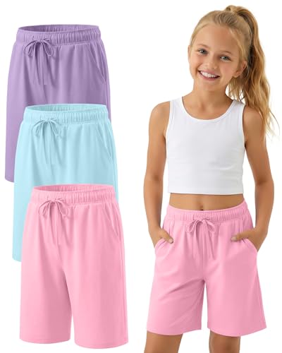 YooAurvox 3 Pack Girls Bermuda Shorts Knee Length Straight Leg Drawstring Elastic Kids Lightweight Soft Pants with Pockets(Lake Blue Lilac Cherry Pink 13-14 Years)